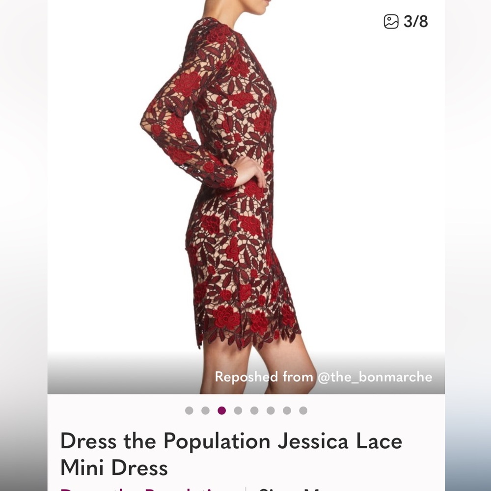 New Dress the Population Red and Black Floral Lace Dress size XS